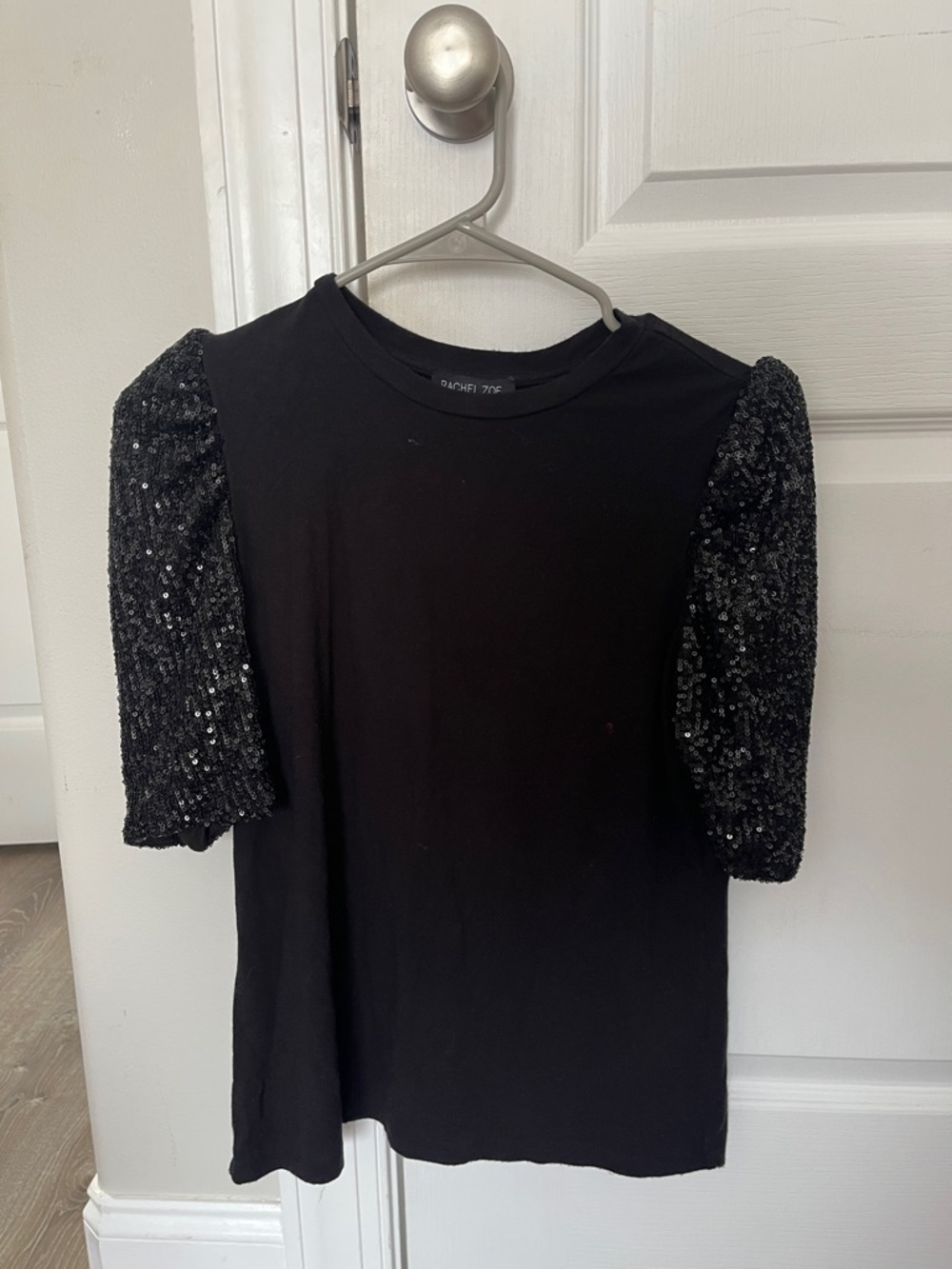 Rachel Zoe Black Tee with Sequin Puff Sleeves